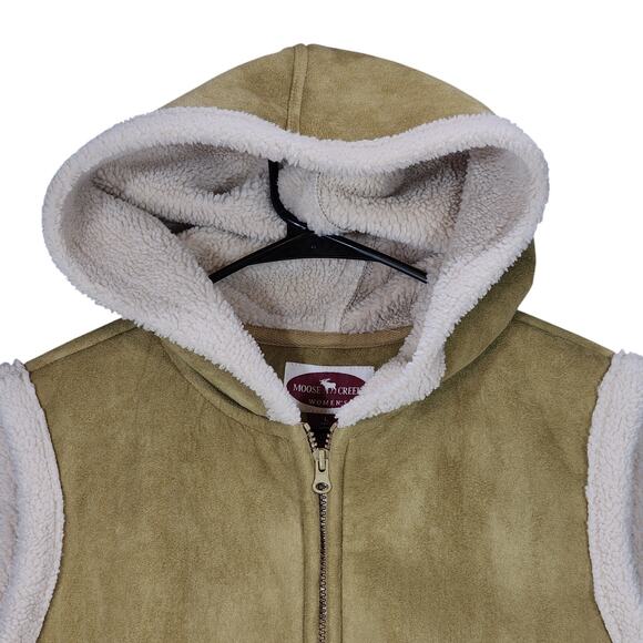 Moose Creek Sherpa Vest Jacket sz L Women Faux Suede Leather Hooded Beige Cream - Picture 9 of 12